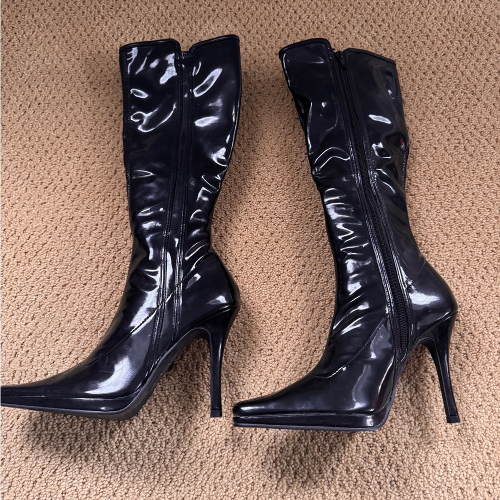 Black Patent Leather Knee-High Boots - Picture 2 of 3